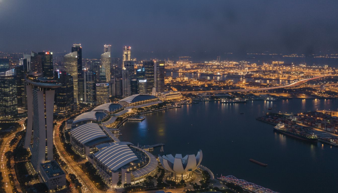 Aerial view of Singapore’s central business district and industrial zones at dusk