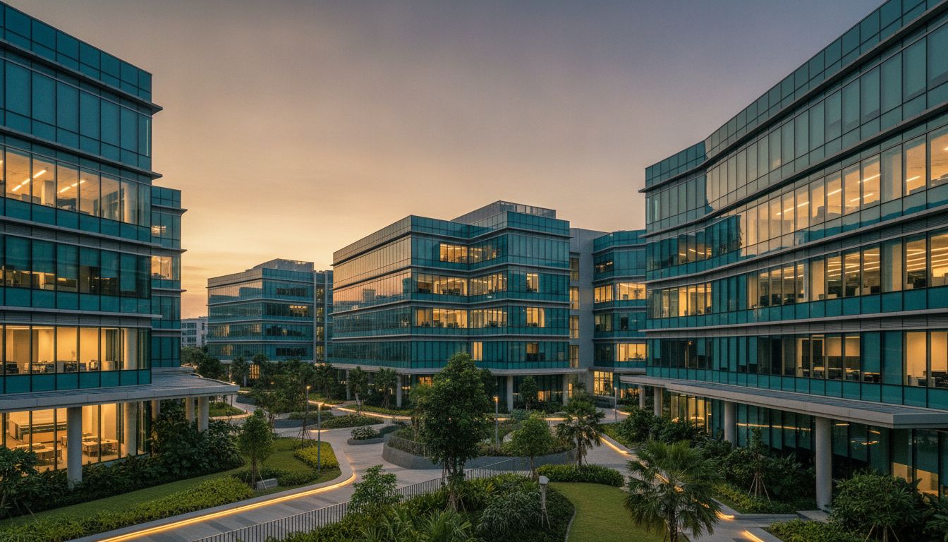Modern Singapore business park campus with glass office buildings